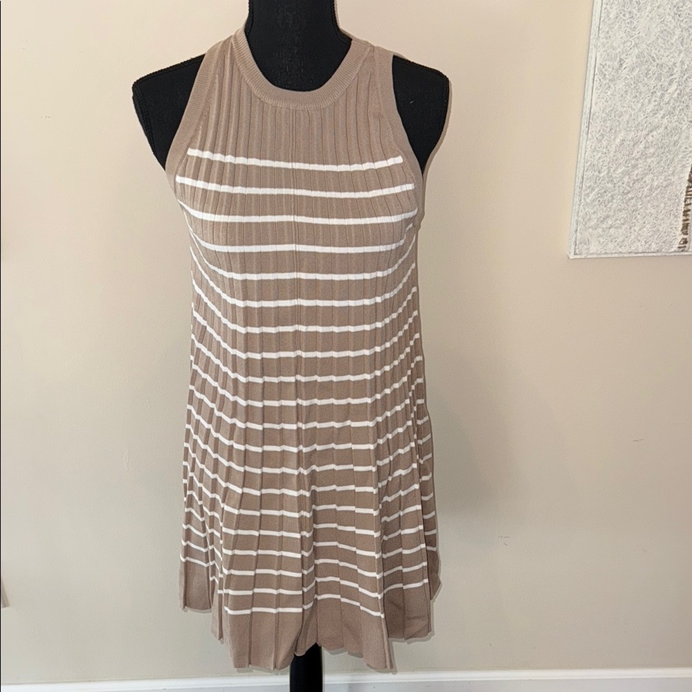 NWOT Pleated Striped Tan and White Sleeveless Dress